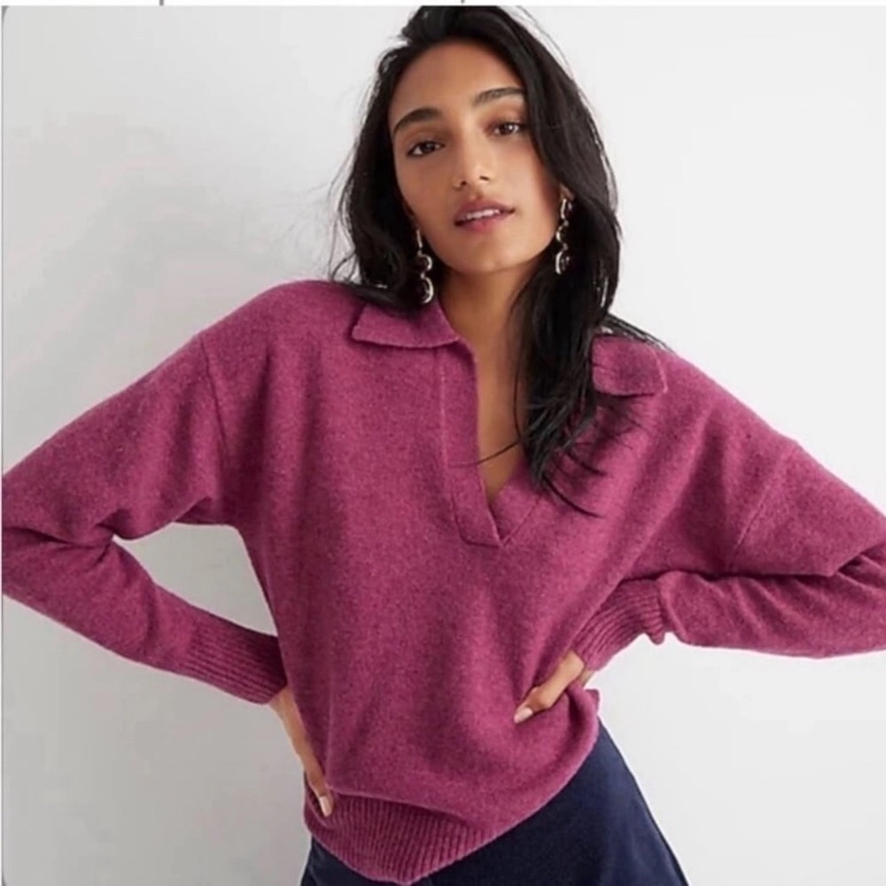 J. Crew Berry V-Neck Sweater Soft Knit Ribbed Detailing